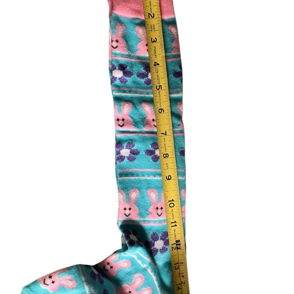 TEAL & PINK Knee high bunny socks w/purple glitter flowers, NWT